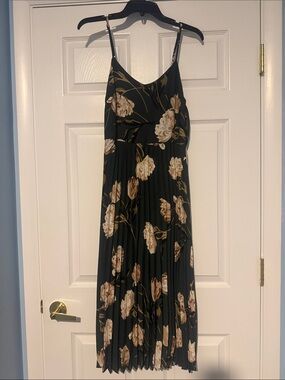 A New Day Black Floral Pleated Midi Dress with Beige Blooms